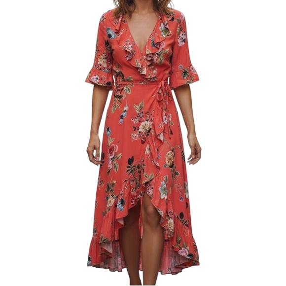 LOLA Floral Wrap Maxi Dress Ruffles Orange Boho Cottagecore Sz Large Italy Made - Picture 1 of 10